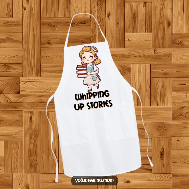 Funny mom apron with a character holding books, perfect for kitchen tasks and expressing a love for reading, a humorous and practical funny gift.