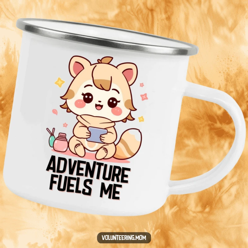 Funny camping mug showing a happy Kawaii mom animal character juggling activities in an outdoor setting, full of energy.