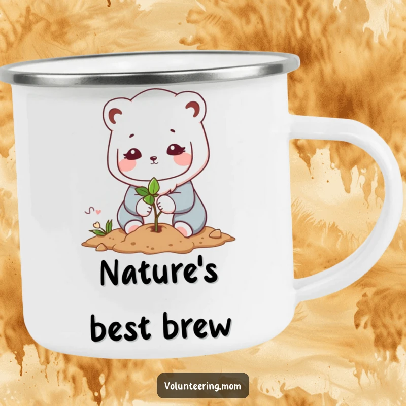 Funny Kawaii mom animal character camping mug, depicting the gentle act of planting a sapling, ready for outdoor inspiration.