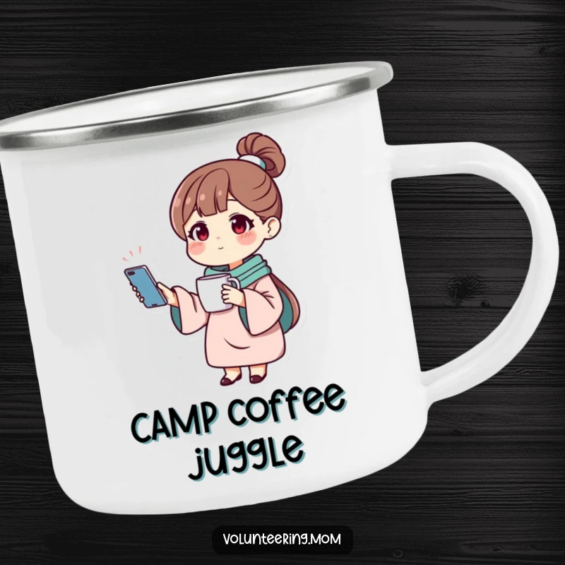 Funny camping mug with a mom character balancing a phone and a mug, perfect for busy moms on the go.