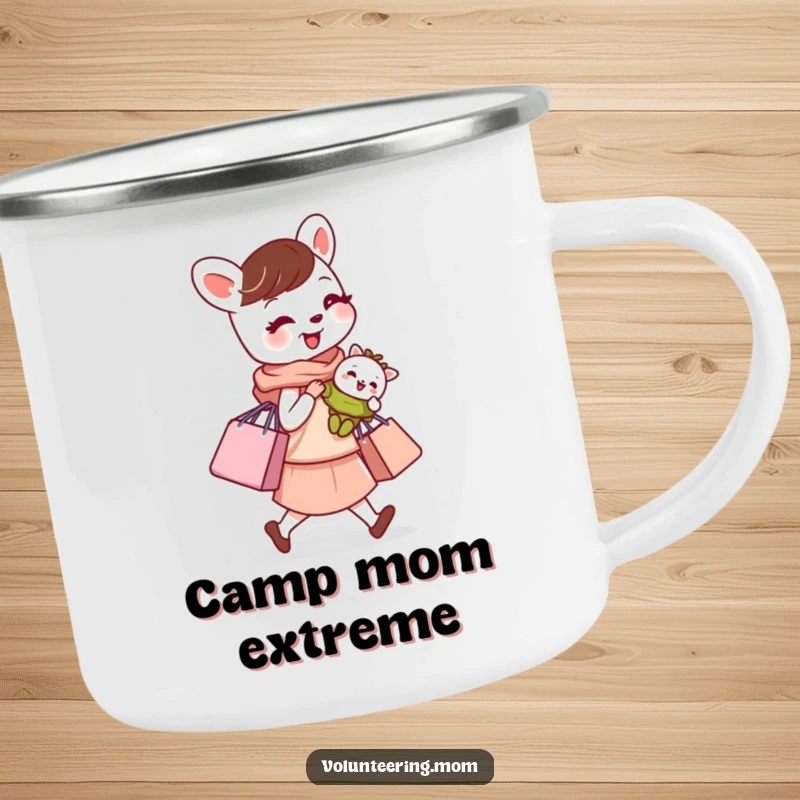 Funny camping mug with a busy mom animal character carrying a baby and shopping bag, perfect for mom's outdoor adventures.