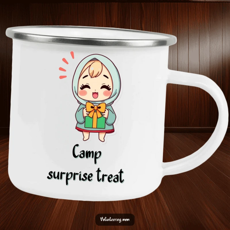 Funny enamel camping mug with a kawaii mom character looking excited about receiving a gift.