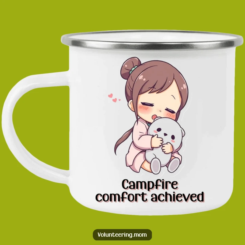 Funny Mom Camping Mug: Enamel mug with relieved mom hugging toy, great for outdoor funny gifts.