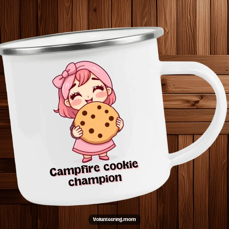 Funny mom camping mug, durable and cheerful, with a proud mom holding a giant cookie.