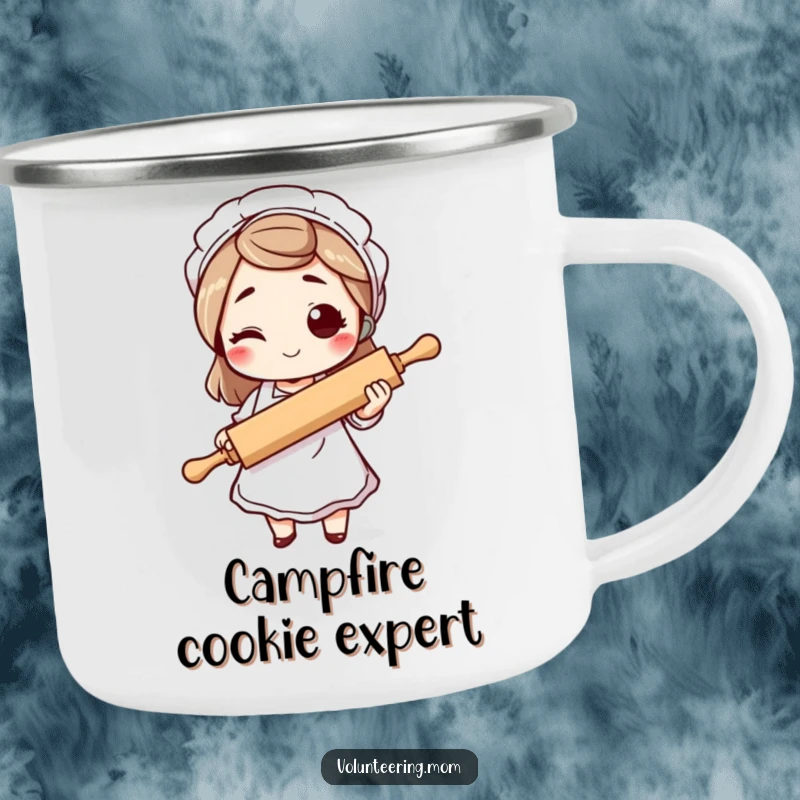 Funny mom camping mug, a winking mom character with an apron and rolling pin, perfect for outdoor baking and humorous sips.