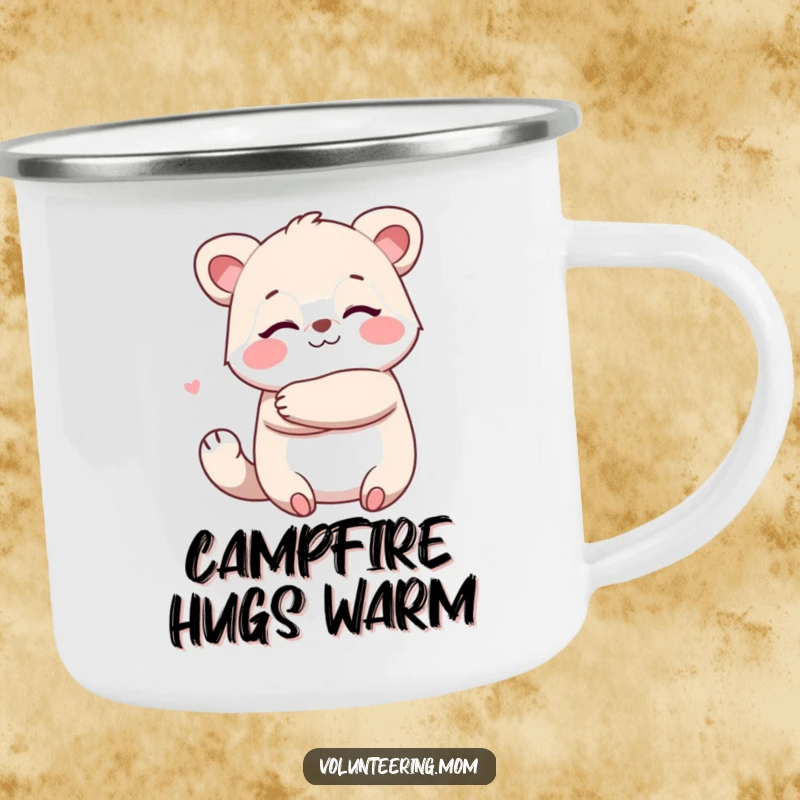 Funny Kawaii animal mom camping mug showing a character giving a big, warm hug, for outdoor comfort.