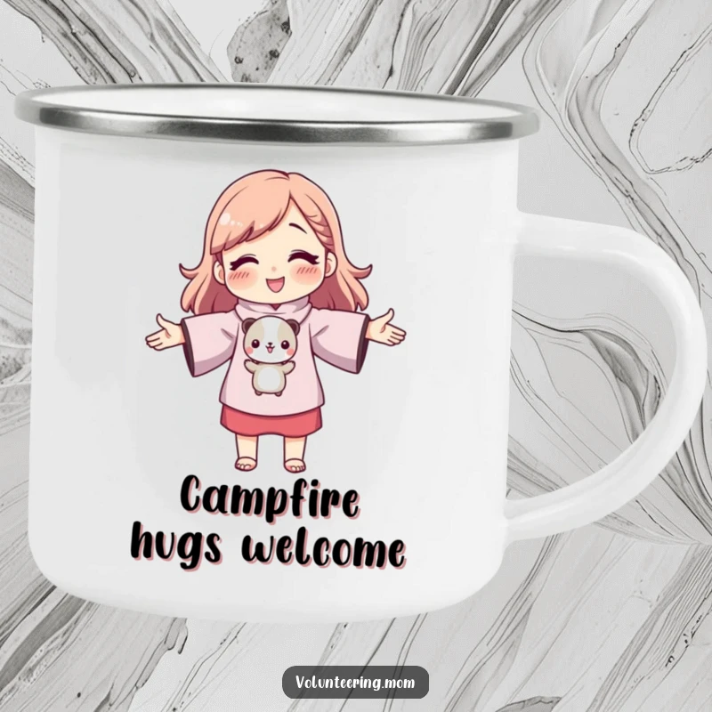 Funny mom character with outstretched arms hugging a small animal, enamel camping mug, cute loving design, humorous outdoor gear.