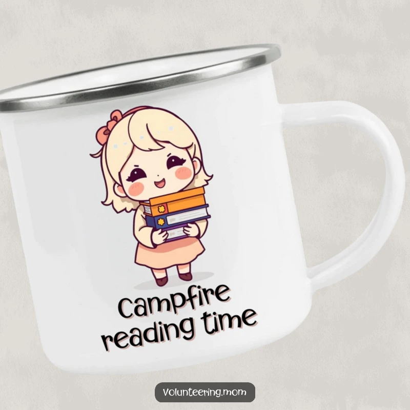 Funny enamel camping mug with a mom character holding a stack of books and a knowing smile.