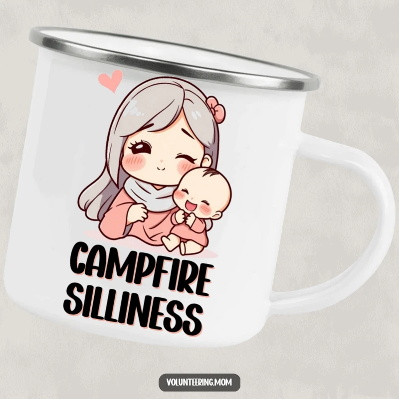 Funny camping mug with a mom making a funny face to amuse a child, perfect for outdoor fun.