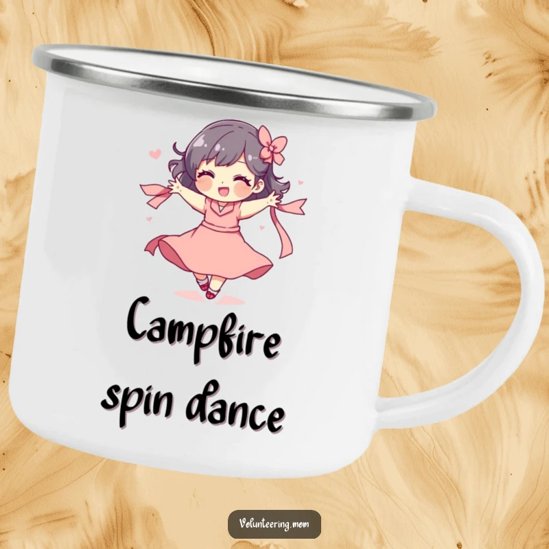 Funny enamel camping mug with a mom character playfully spinning with a ribbon, perfect for outdoor fun.