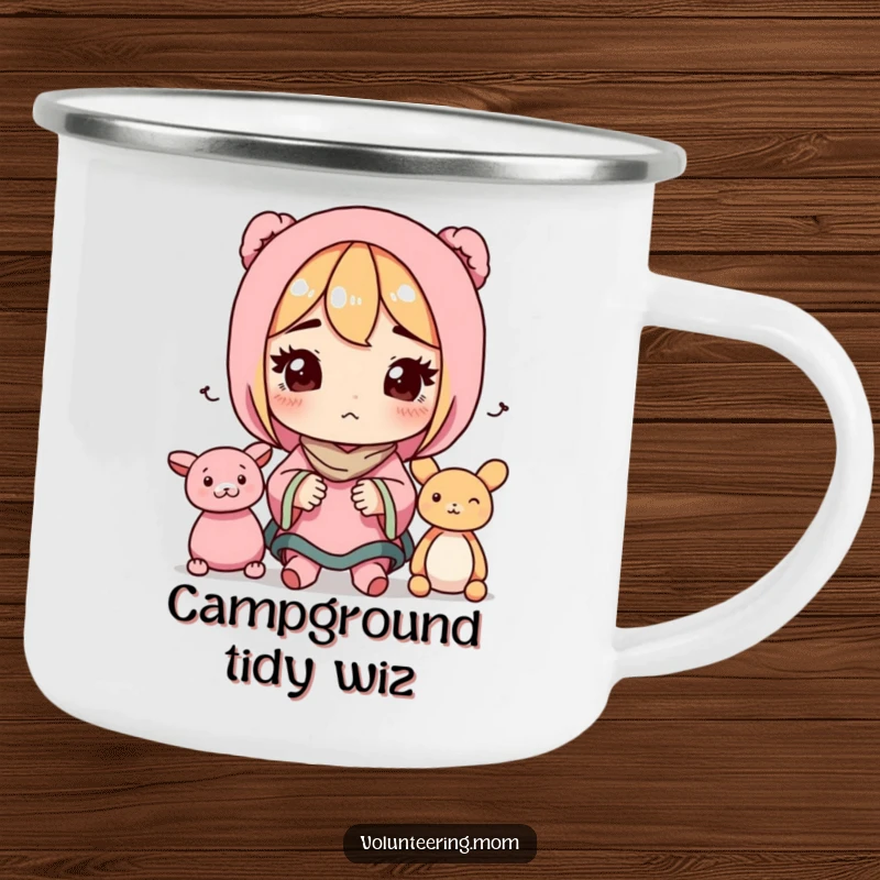 Funny camping mug showing a determined mom character organizing toys, inspiring humor during outdoor activities.