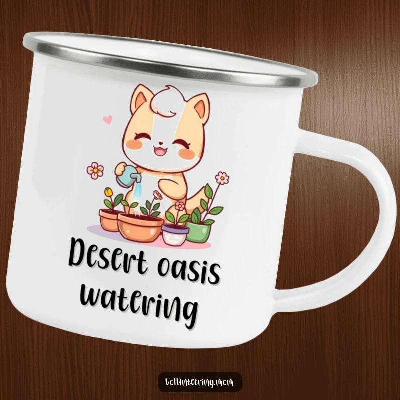 Kawaii mom anthropomorphic animal watering plants, enamel camping mug, cute gardening design, humorous outdoor gear.