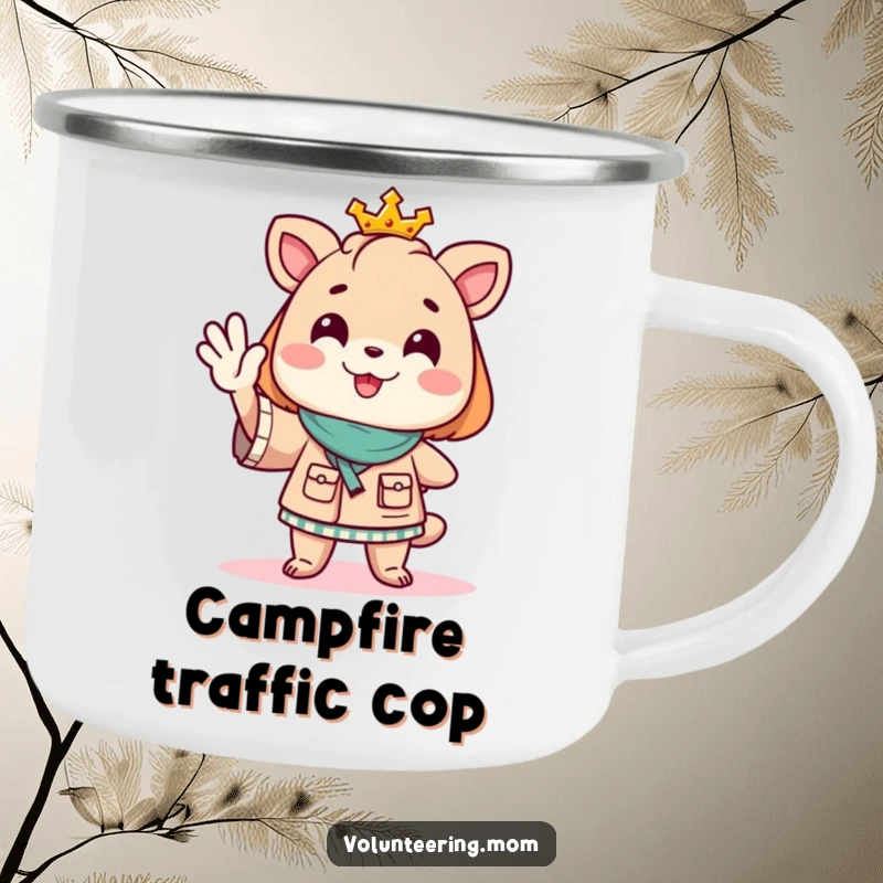 Funny Mom animal character on a rustic camping mug, directing imaginary traffic with a cheerful wave, ready for outdoor escapades.