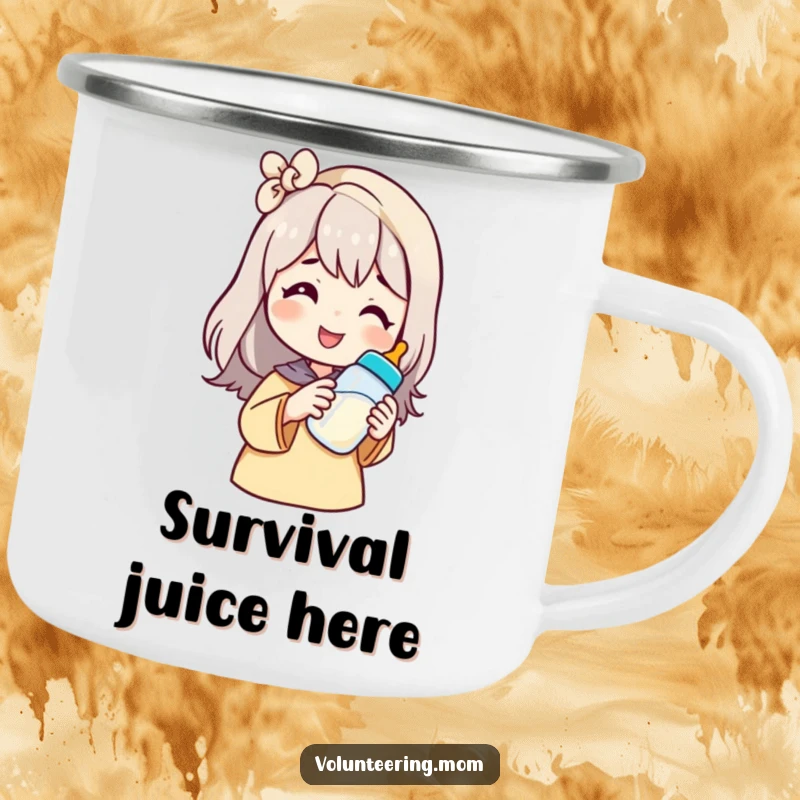 Funny mom camping mug with a smiling character offering a baby bottle, perfect for outdoor adventures with a humorous touch.