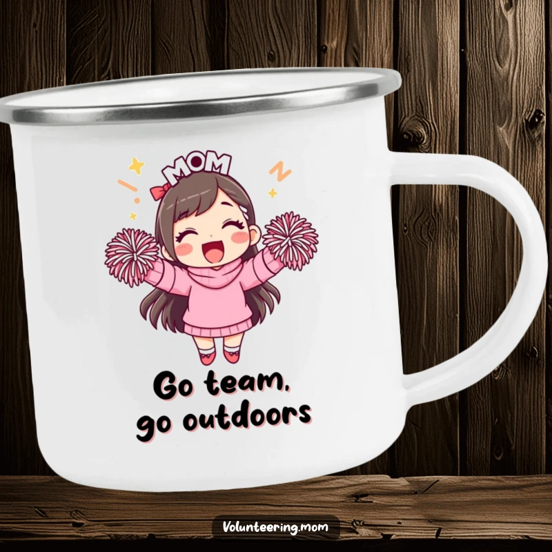 Funny mom camping mug, durable and cheerful, with a pom-pom wielding mom for outdoor fun.