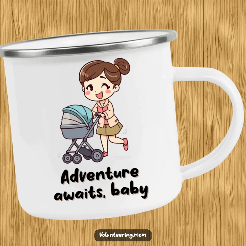 Funny camping mug with a mom character energetically pushing a baby stroller with a smile, durable and humorous for outdoor adventures.