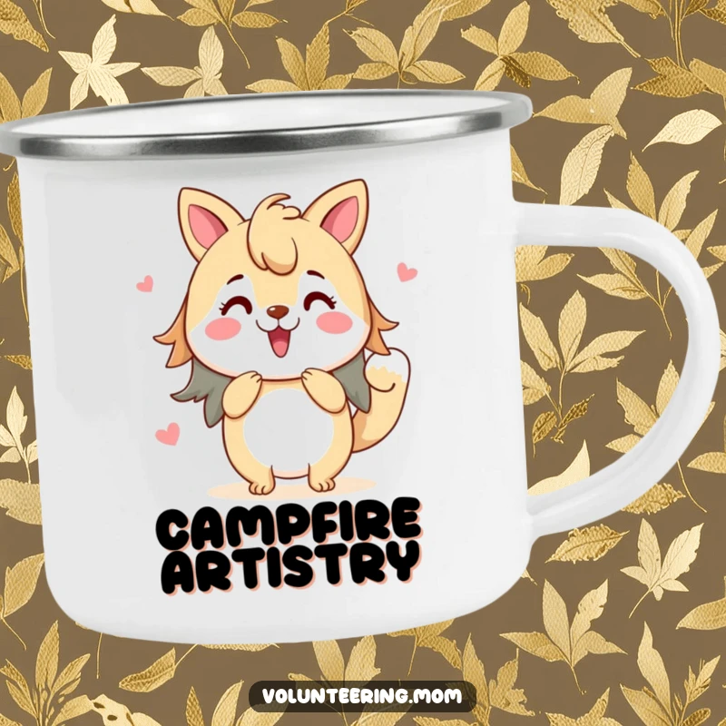 Funny camping mug with a mom animal character painting a vibrant picture with enthusiasm, perfect for creative adventurers.