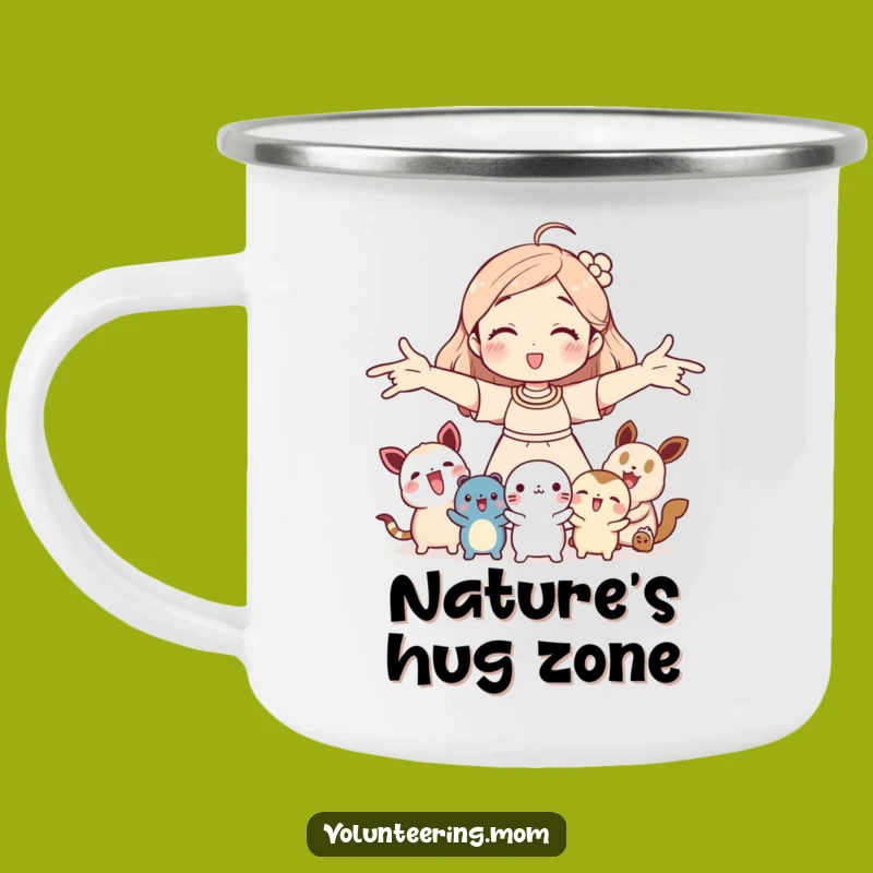 Funny Campfire Mom Creature Mug: Welcoming mom with animals, rustic and humorous gift for adventurers.