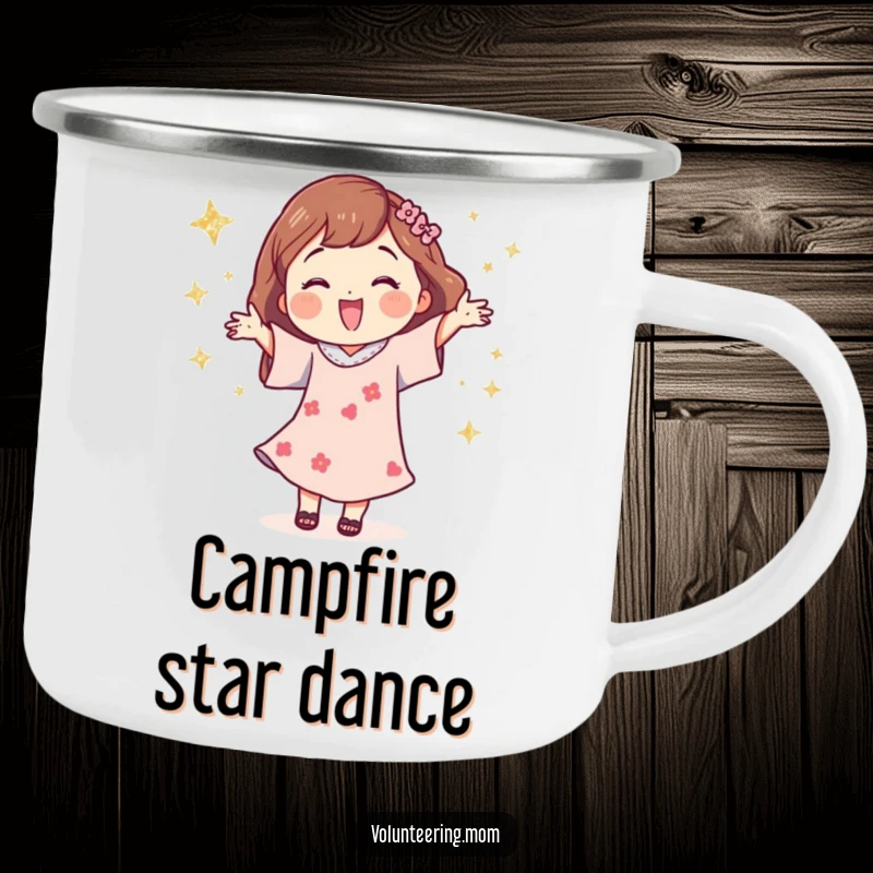 Funny enamel camping mug with a happy mom character dancing amidst glittery stars, ideal for outdoor fun.