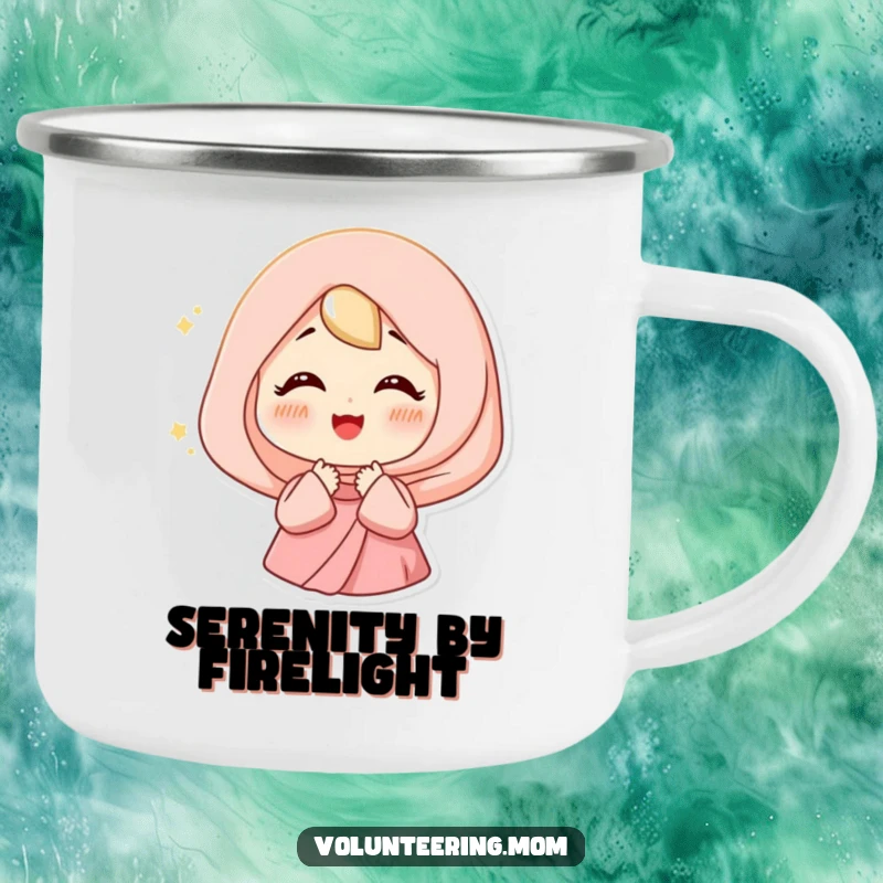 Funny Happy Mom Camping Mug with a woman sighing contentedly, surrounded by a soft light, ideal for outdoor relaxation.