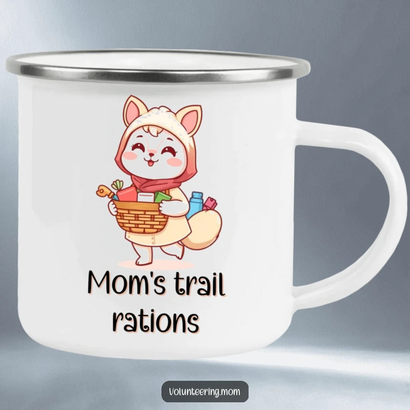 Funny Kawaii Mom Animal Camping Mug, a cheerful mom character with a supply basket, ready for outdoor fun.