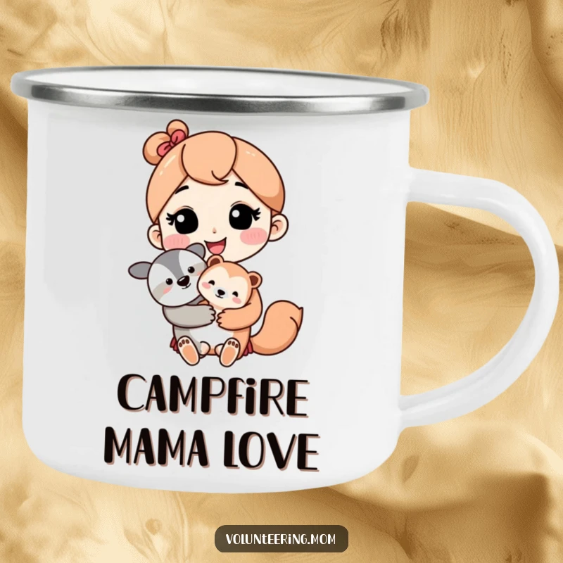Kawaii mom character with a loving smile holding a cute baby animal, on a durable camping mug.