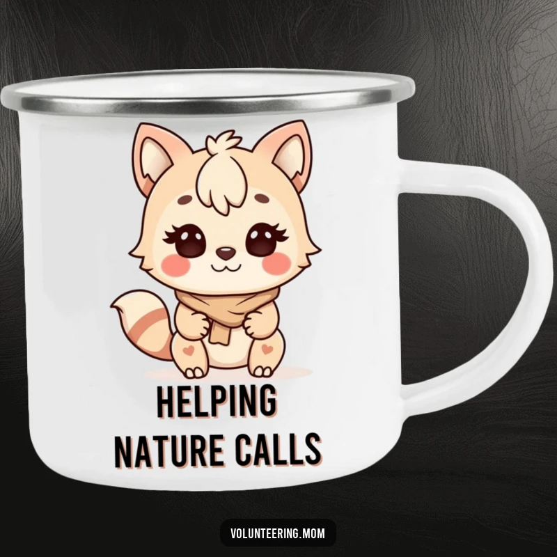 Funny Kawaii Mom Helping Animal Camping Mug, a determined mom character helping others, ready for adventure.
