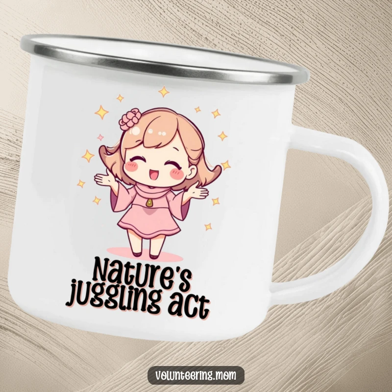 Funny camping mug depicting a kawaii mom character sparkling and juggling, perfect for outdoor enjoyment.