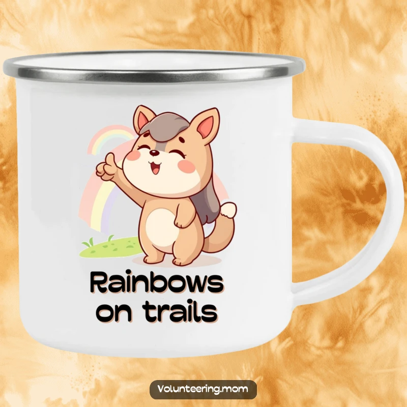 Funny camping mug with an excited Mom animal character pointing towards a distant rainbow, perfect for inspiring outdoor moments.