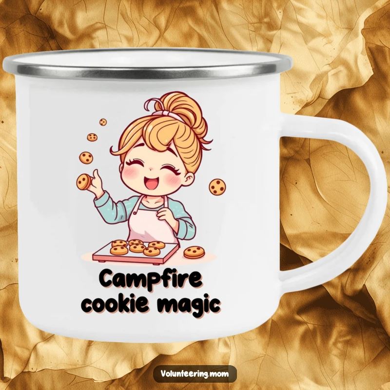 Funny mom character with a messy bun joyfully baking cookies, on a durable camping mug.