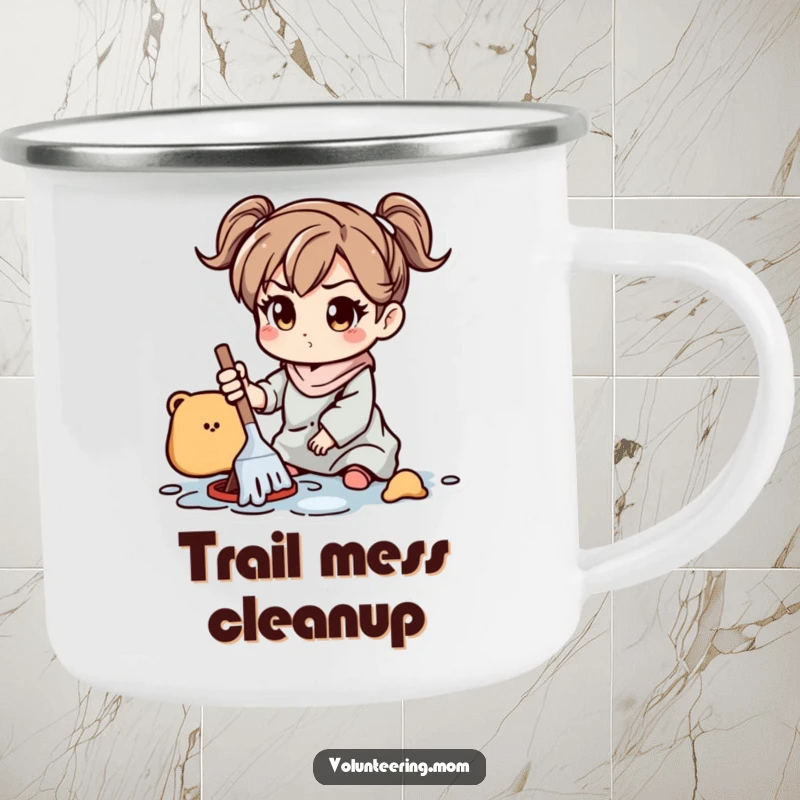Funny Camping Mug: A sturdy enamel mug showcasing a mom character with a determined look, cleaning up a playful mess.
