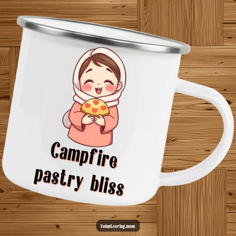 Funny Camping Mug: A sturdy enamel mug showcasing a mom character in a hug, offering a delicious pastry.