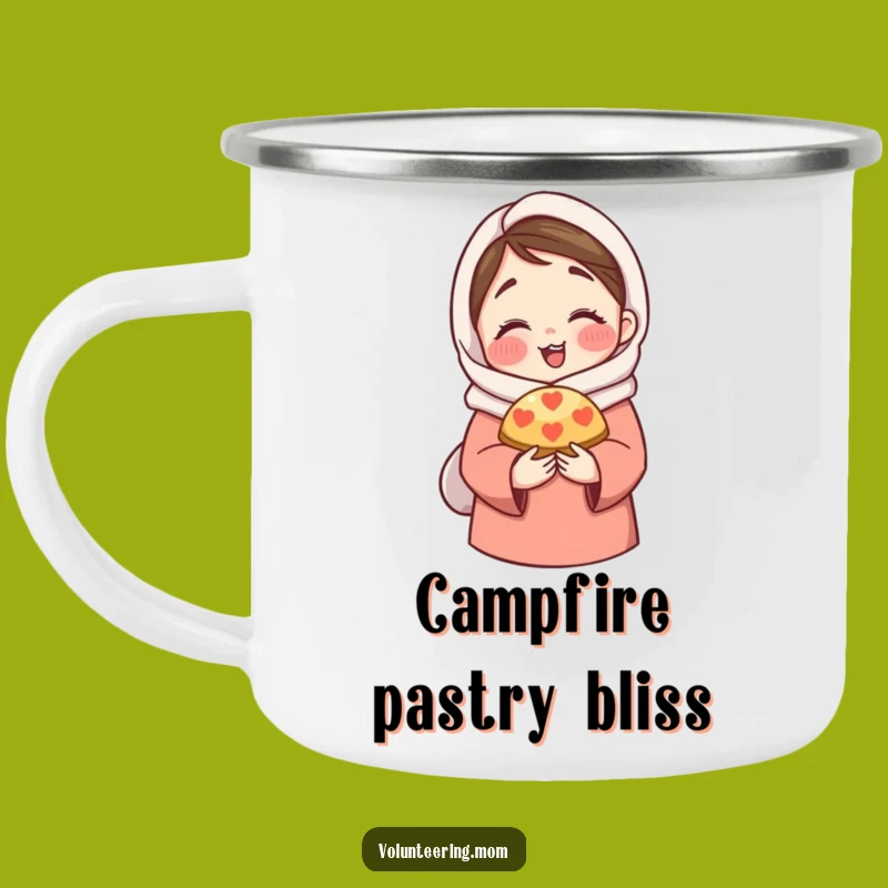 Funny Mom Camping Mug: Enamel mug with mom sharing pastry, great for outdoor funny gifts.