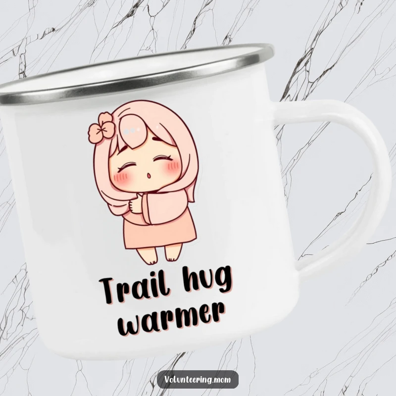 Funny Mom Hug Camping Mug: Sturdy mug showcasing a mom character with eyes shut, giving a warm hug, perfect for outdoor fun and a funny gift.