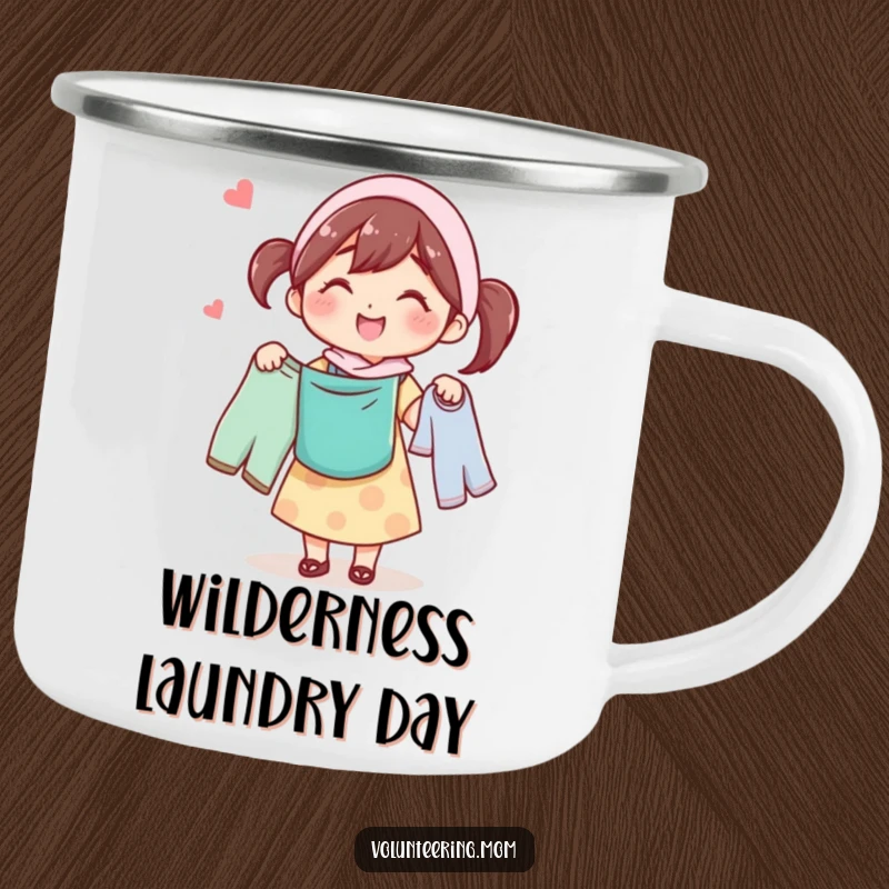 Funny camping mug featuring a happy mom character carrying laundry, ready for any adventure, big or small.