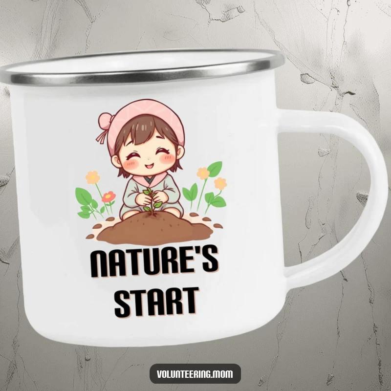 Funny Mom Camping Mug: Hopeful mom planting a seed, perfect for enjoying drinks outdoors.