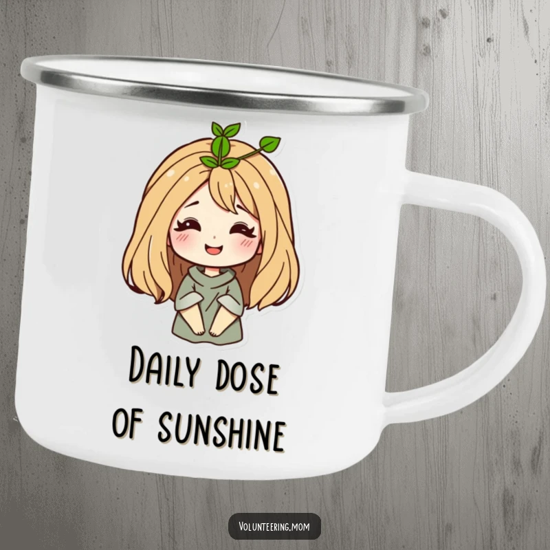 Funny Mom Camping Mug with a smiling woman and a sprout growing from her hair, ideal for outdoor adventures.