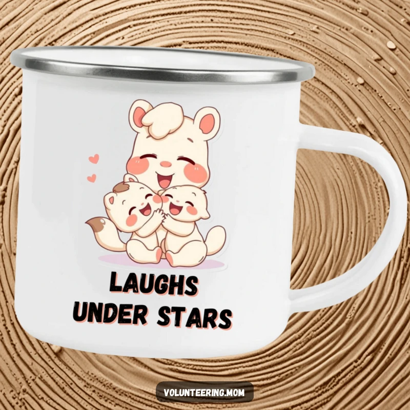 Funny camping mug with a happy Mom animal character sharing laughter while playing with a child, perfect for cheerful outdoor moments.