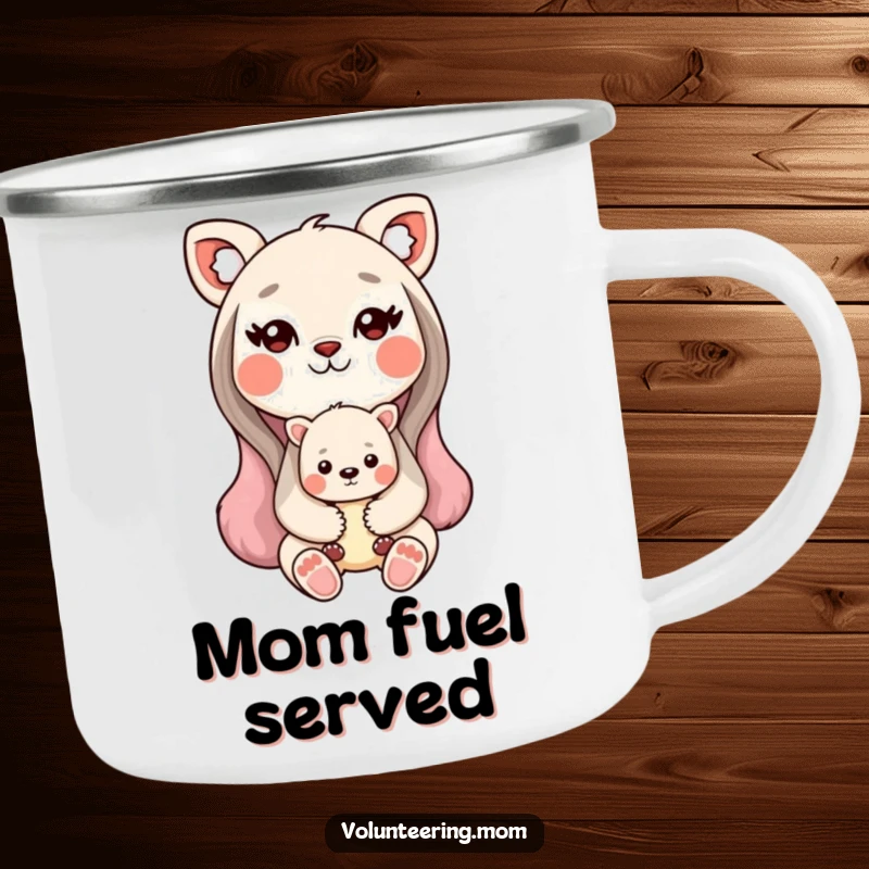 Funny Kawaii animal mom camping mug showing a sweet mother animal holding her baby, for outdoor comfort.