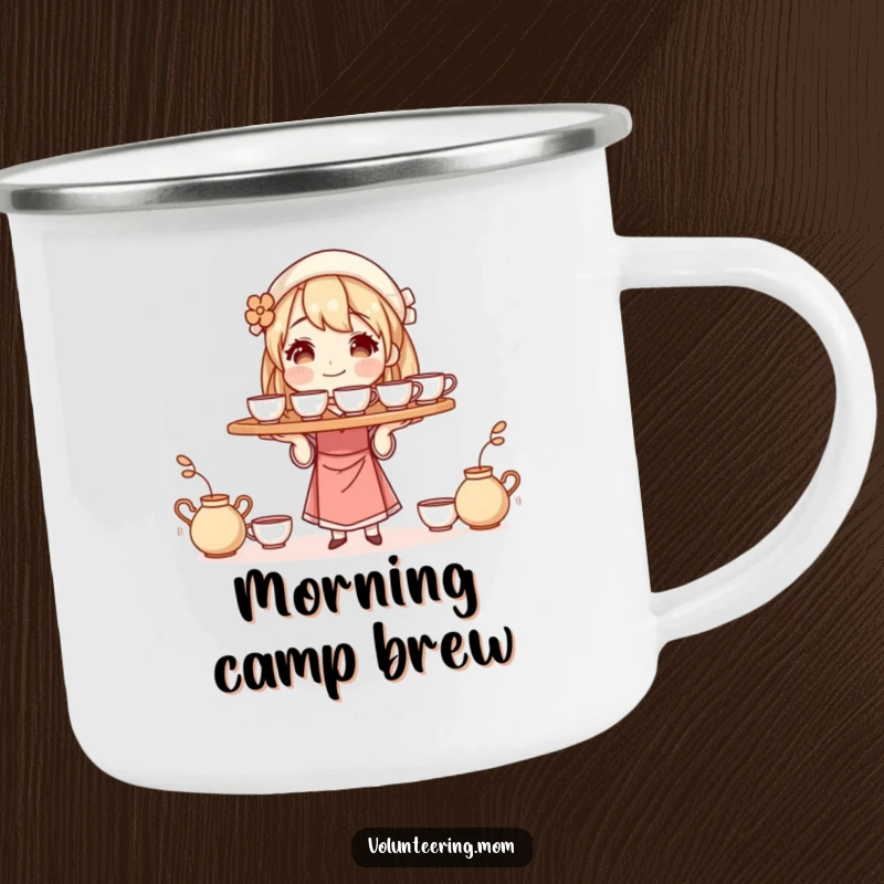 Funny camping mug with a mom character balancing a tray of steaming cups, durable and humorous for outdoor caffeine breaks.