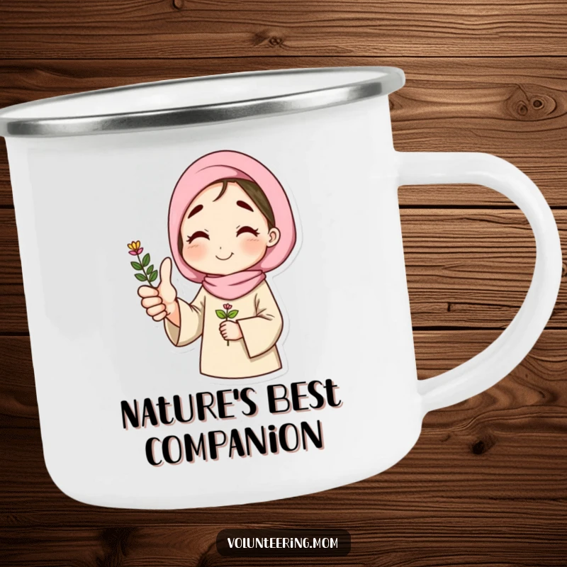 Funny camping mug showing a mom giving a thumbs up, holding a plant, promoting humor during outdoor activities.