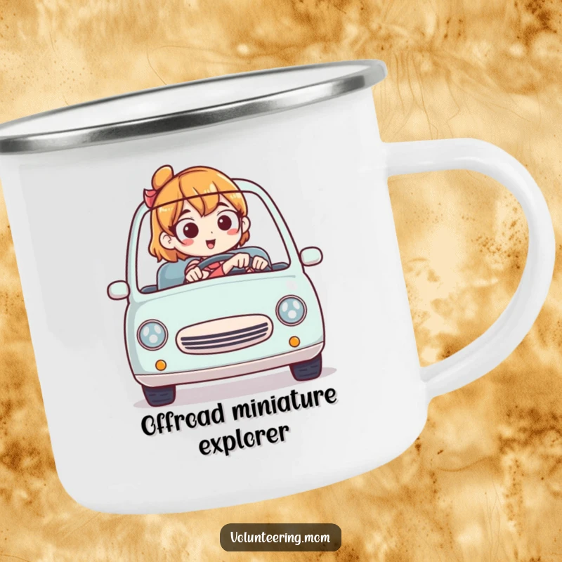 Funny camping mug showing a mom expertly driving a tiny car, promoting humor during outdoor activities.