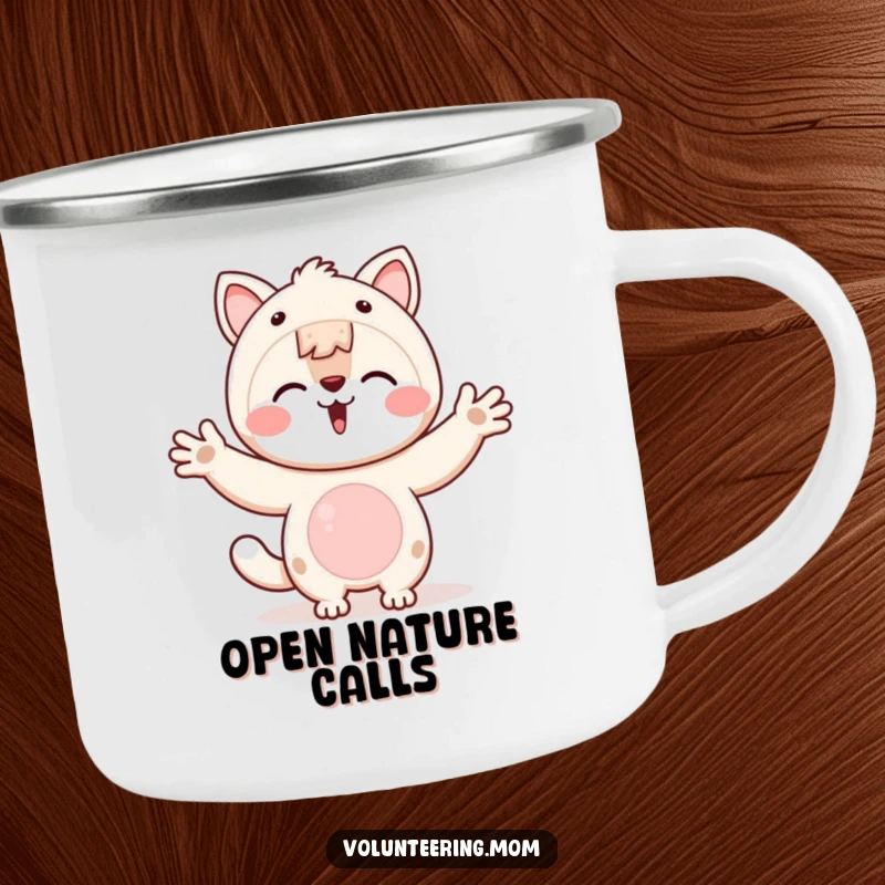 Funny Kawaii animal mom camping mug with open arms, symbolizing welcome and connection.