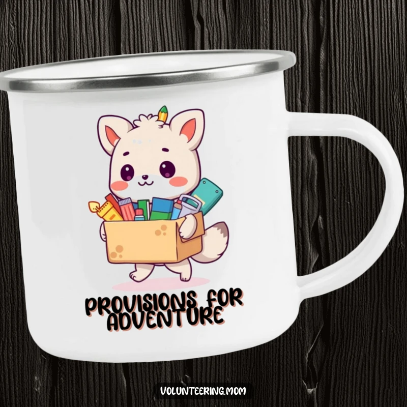Funny animal artist camping mug with a box overflowing with colorful art supplies, perfect for creative adventures outdoors.