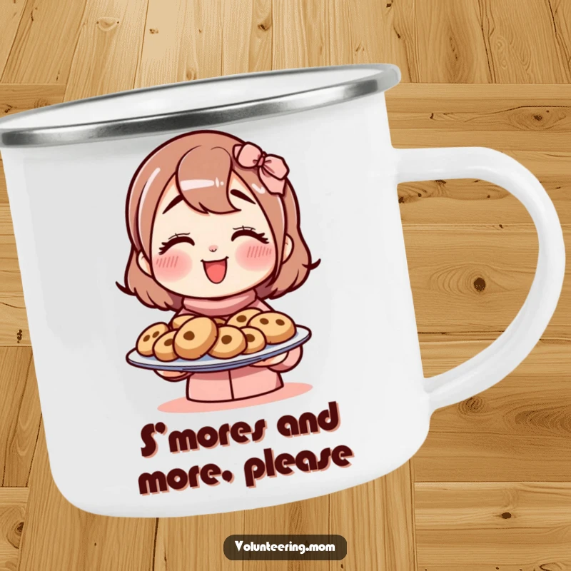 Funny mom camping mug showing a mom character enthusiastically offering a plate of cookies, perfect for outdoor use.