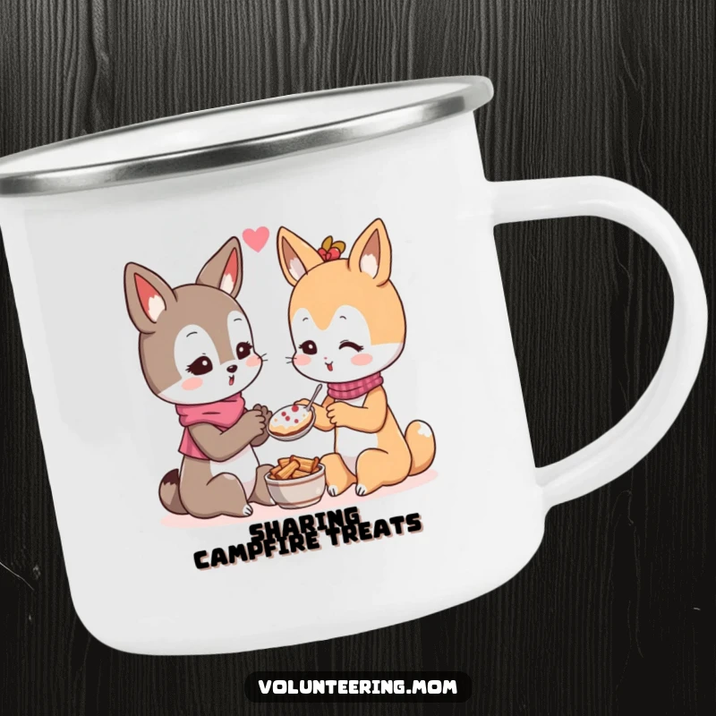 Funny Kawaii mom animal character camping mug, depicting the generous sharing of food, ready for outdoor fellowship.