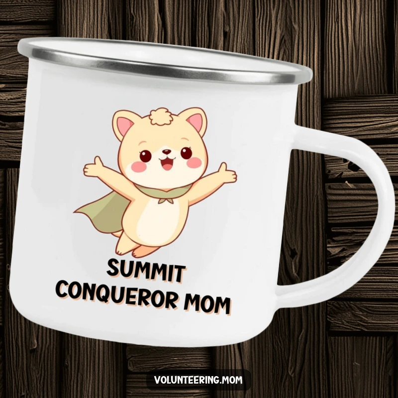 Funny camping mug with a mom animal character in a cape, flying with arms outstretched, perfect for mom's adventures.