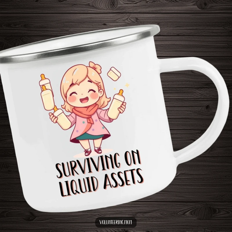 Funny mom camping mug, sturdy and cheerful, depicting a mom juggling bottles for on-the-go parents.
