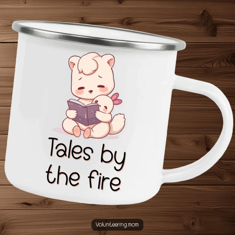 Funny camping mug with a nurturing Mom animal character reading a book to a small creature, perfect for cozy outdoor moments.