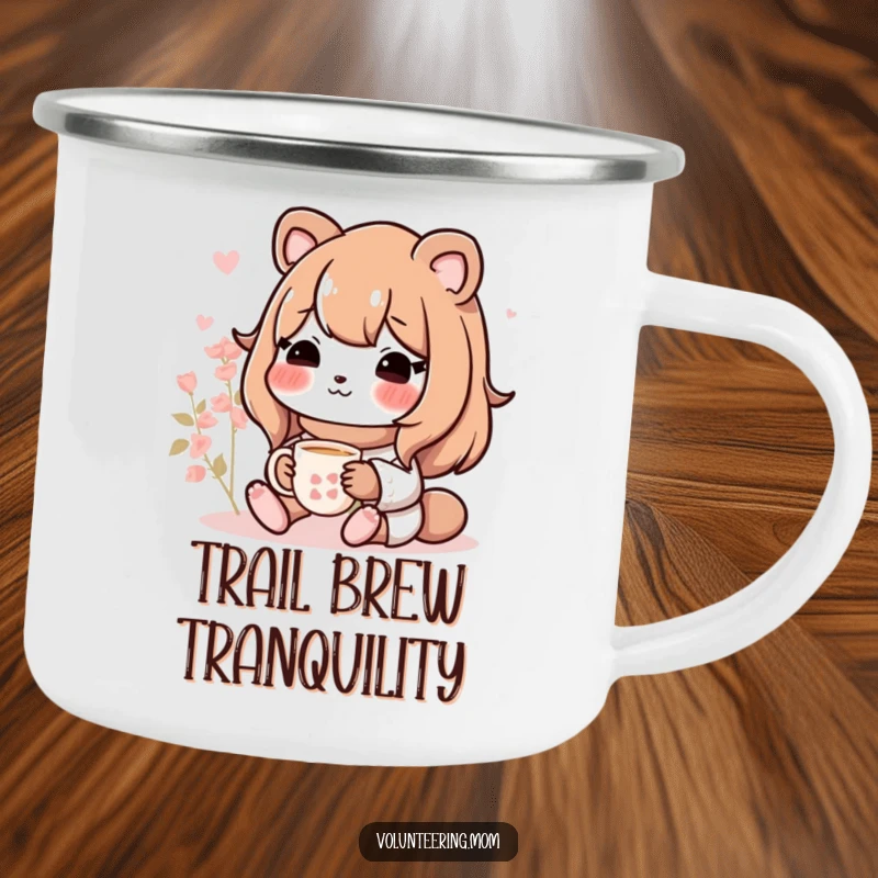 Funny Mom animal character on a rustic camping mug, enjoying tea by a campfire, ready for outdoor adventures.